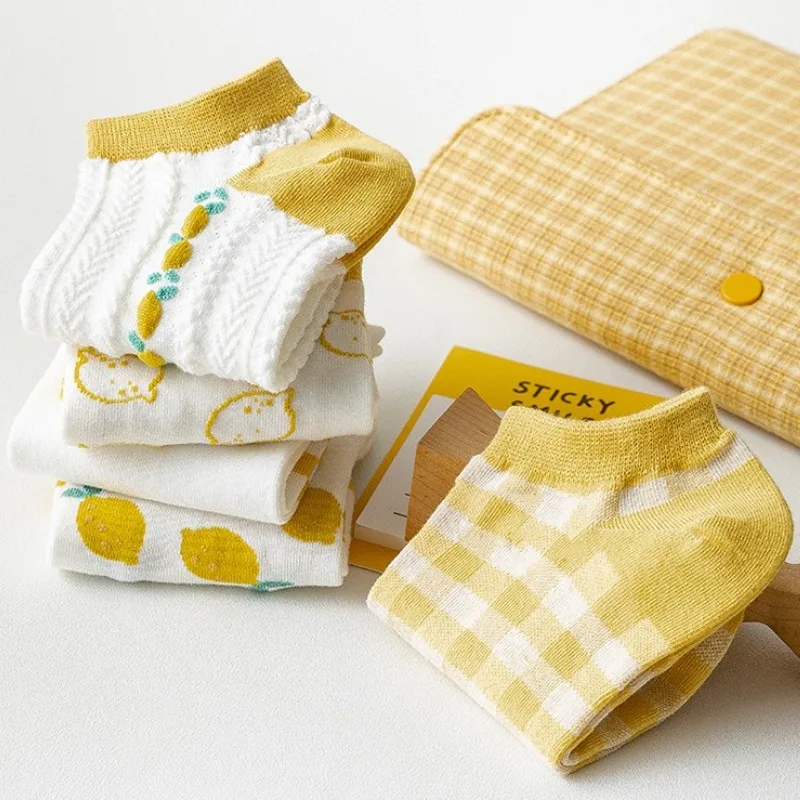 10 Pairs Creative Printing Socks Cartoon Cute Lemon Ankle Socks Women's fashion Cotton Socks Yellow Crew Short Socks
