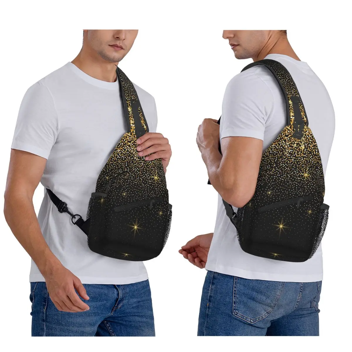 

Black And Gold Glitter Chest Bag Men Sling Crossbody Backpack Chest Bag Traveling Hiking Daypack Shoulder Bag
