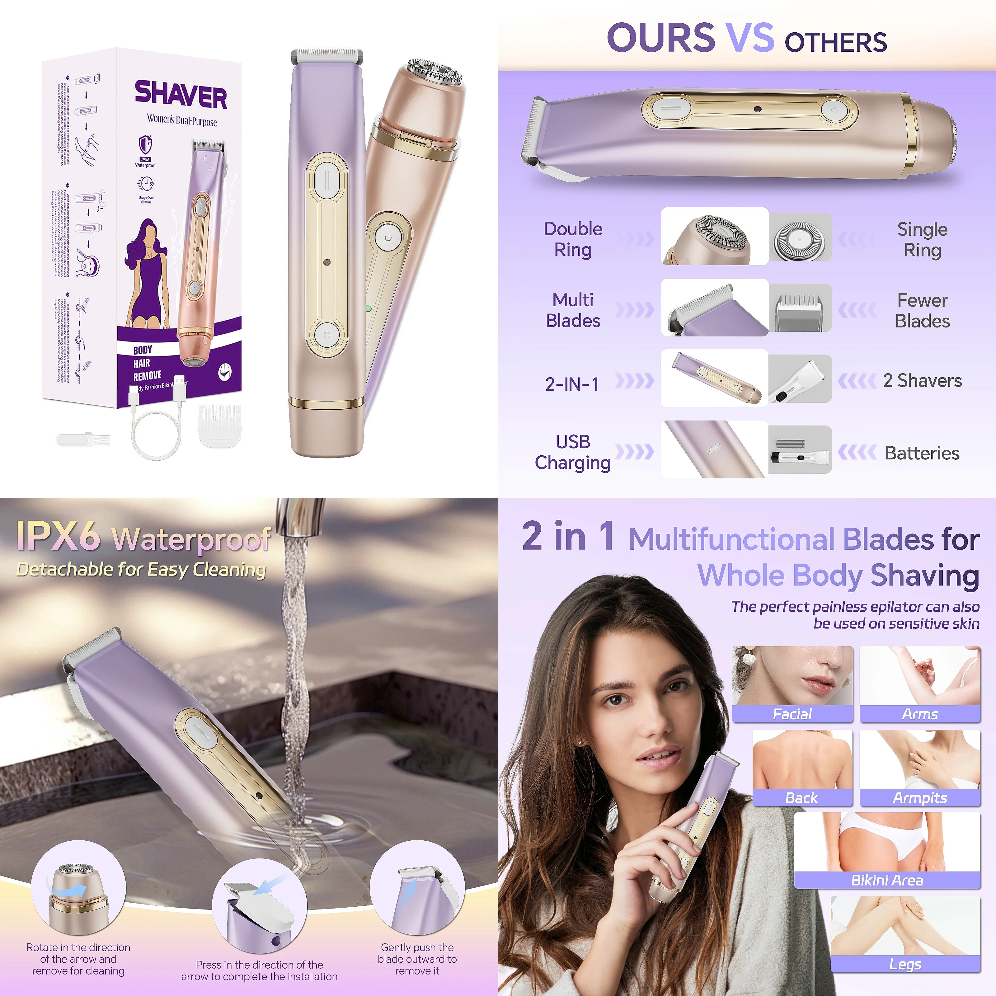 Bikini Trimmer Electric Razors Pubic Body Hair Shaver for Legs Body Bikini Shaver IPX7 Waterproof Gifts for Women