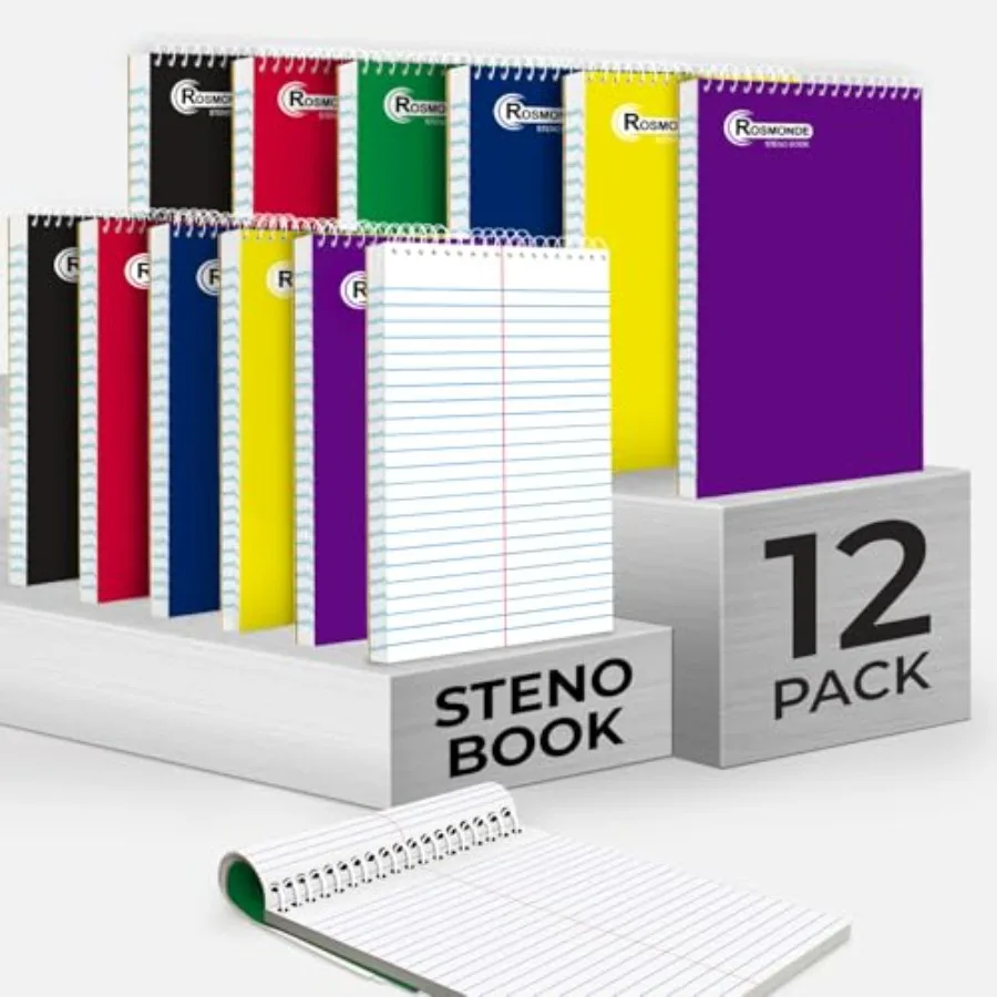 

Steno Pads Spiral 6x9 12 Pack, Gregg Ruled Steno Pad, Assorted Colors, 80 Sheets 160 Pages Long Lasting, Bulk B2B Value Pack, B