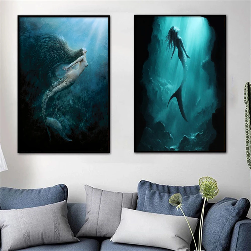 

Wall Art Canvas Poster Print for Living Room, Blue and Green Painting, Fantasy Ocean Animal, Siren and Mermaid, Home Decor