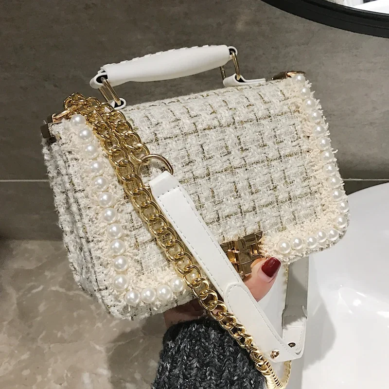 2021 Fashion New Female Square Tote Bag Quality Woolen Pearl Women\'s Designer Handbag Ladies Chain Shoulder Crossbody Bag Travel