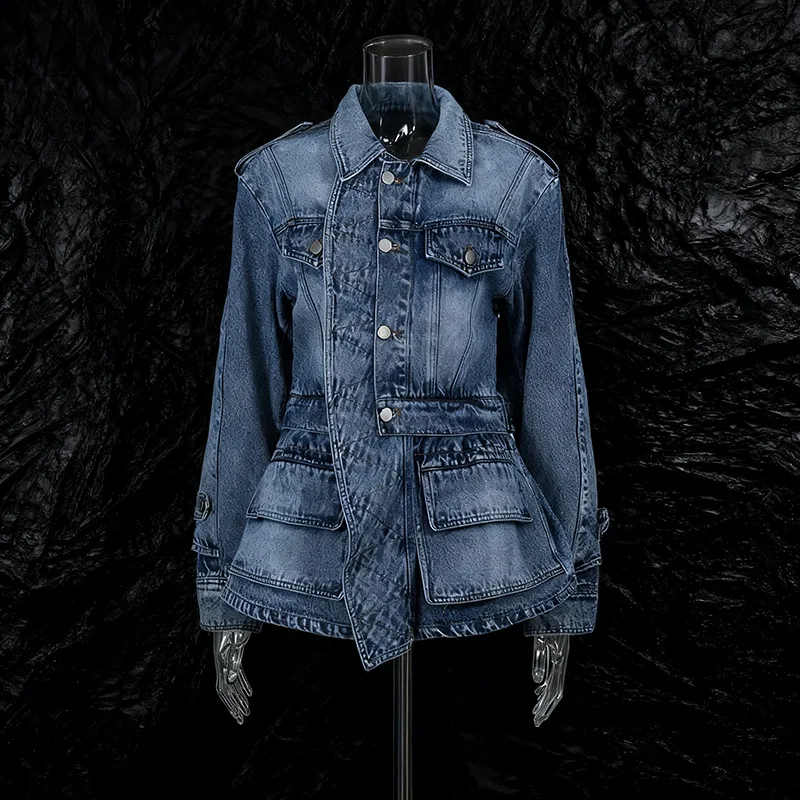 High Street Jean Jackets Women's New Fashionable Ruffled Edge Single Breasted Lapel Three-dimensional Denim Jacket