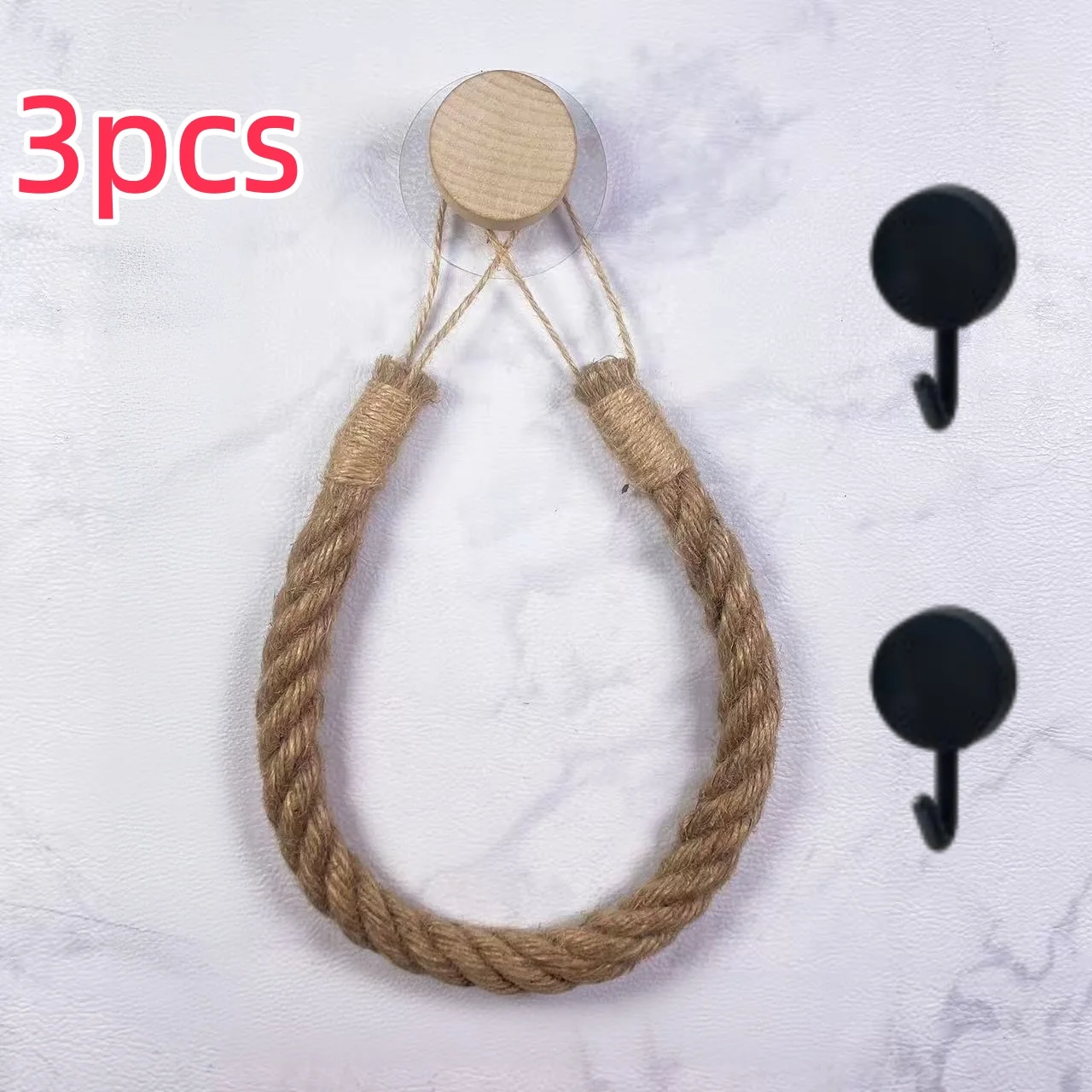 3-Piece Set of Solid Wood and Hemp Rope Woven Paper Roll Holder, No-Drill Towel Storage Rack, Creative Wall-Mounted Tissue Storage Rack