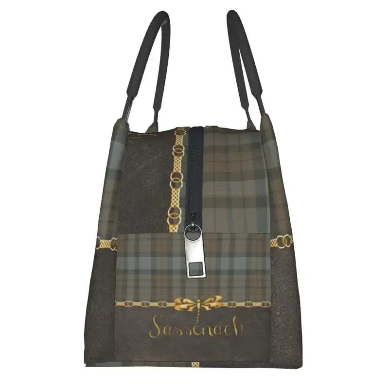 Leather And Tartan Sassenach Pattern Insulated Lunch Bag for Women Resuable Dragonfly Outlander Cooler Thermal Lunch Box