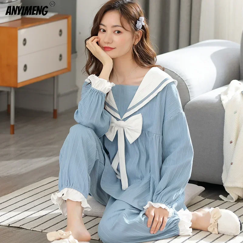 Women\'s Pajamas Princess Style Cotton Spring Fall Navy Collar Pyjamas Asian Size Bow Sky Blue Kawaii Pajamas Korean Youth Pj Set