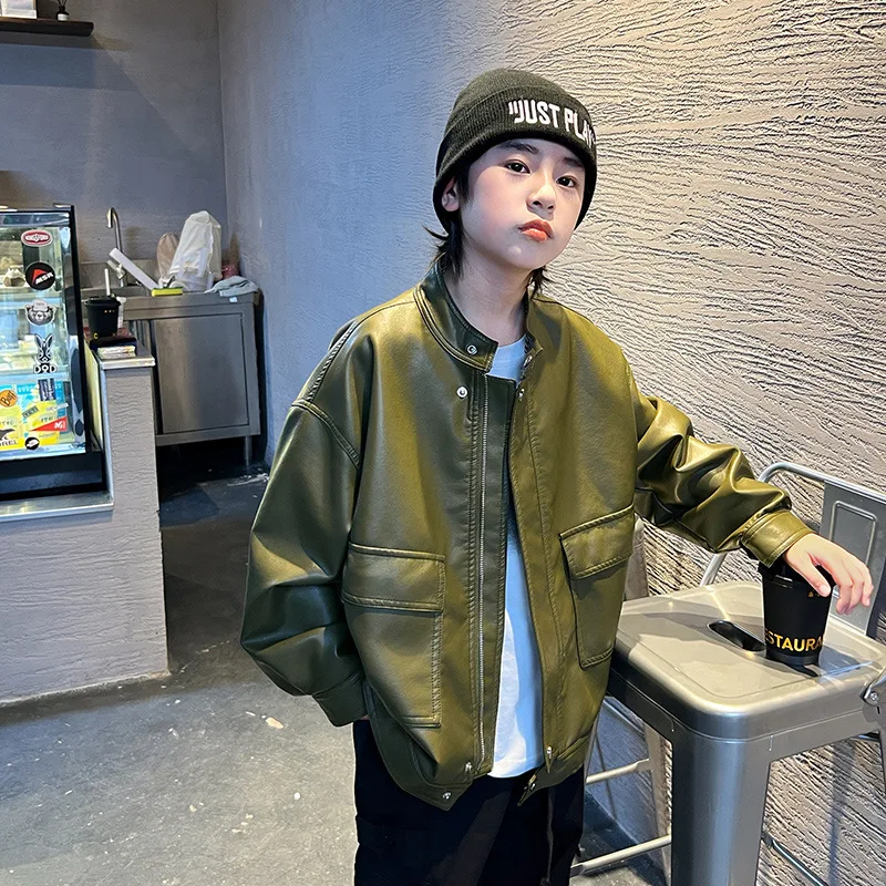 

2025 New Autumn and Winter Children's Standing Collar Solid Color Warm Windproof Street Style Leather Jacket