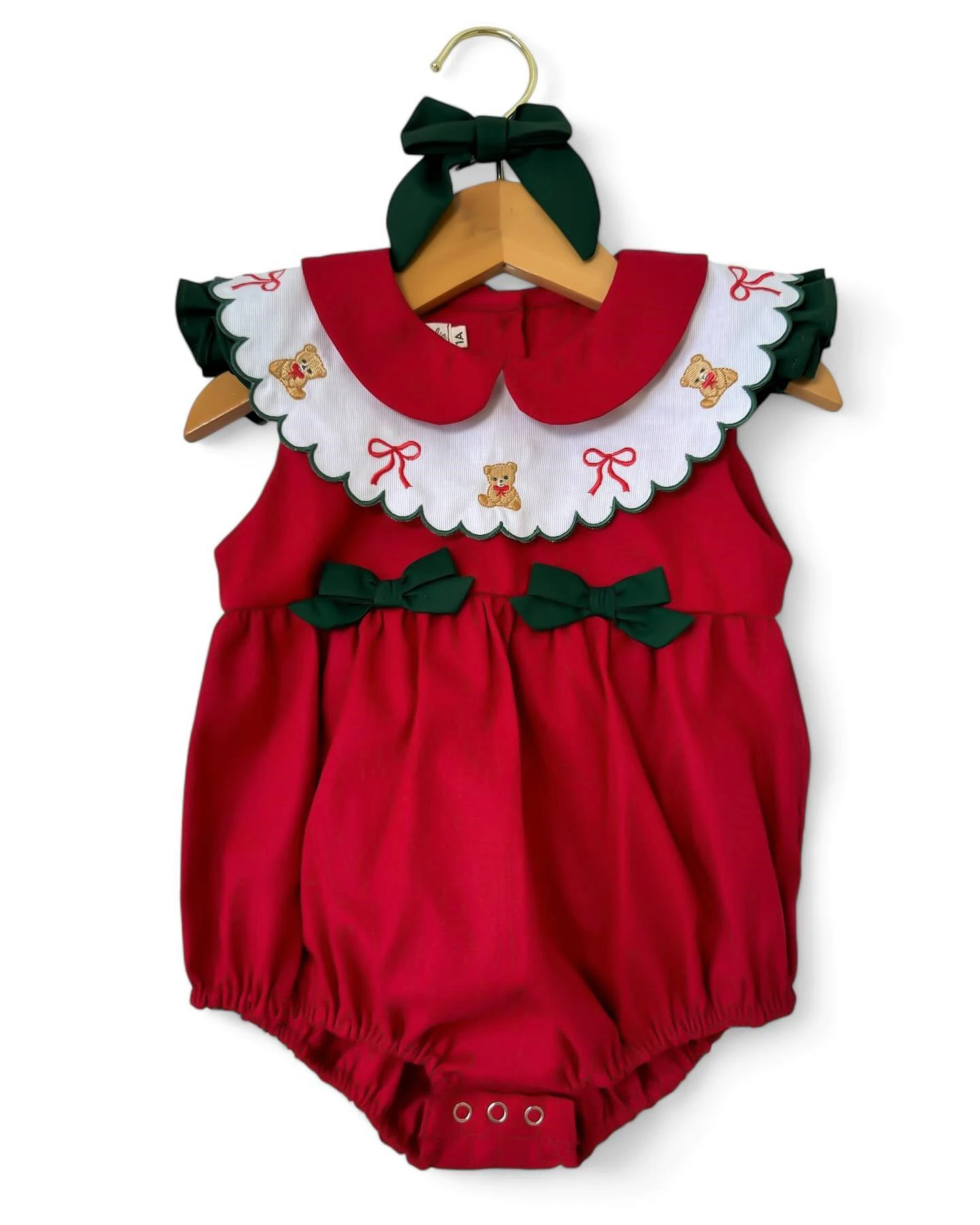 Summer Baby Girl Vintage Bow Bear Embroidery Red Green Romper Outfit Suit for Birthday Party Wedding Photography