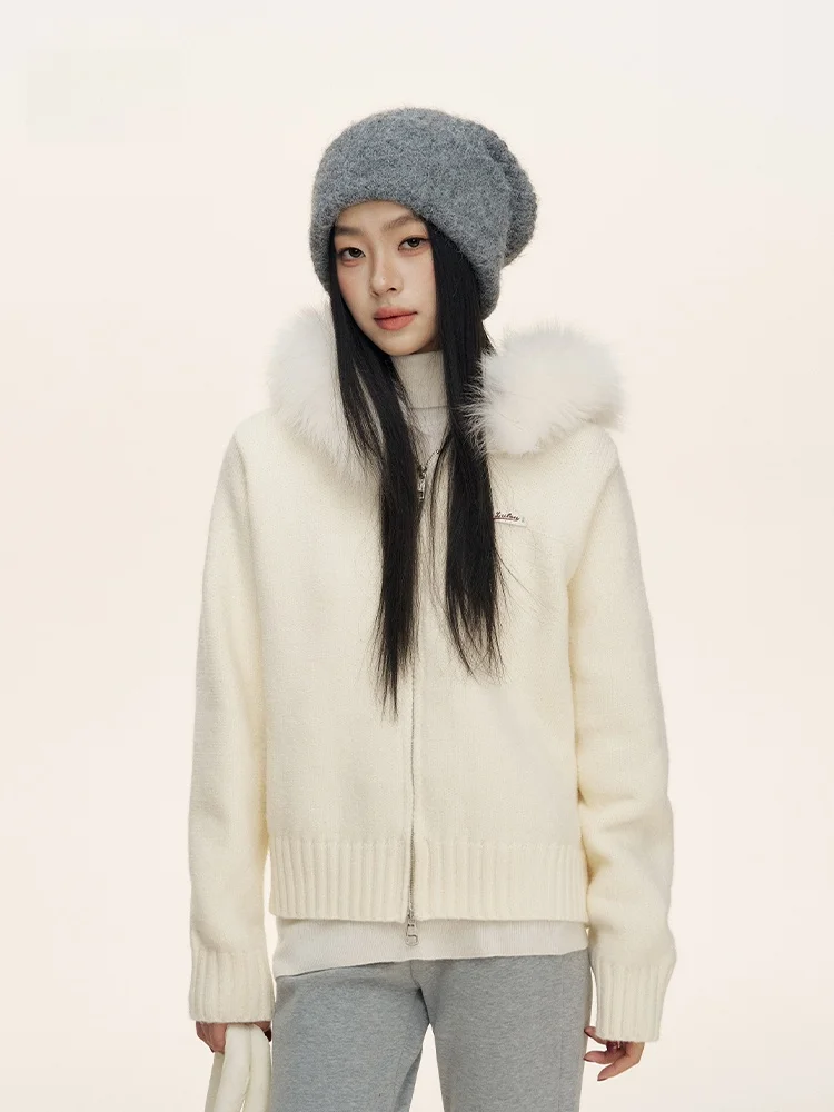 

Liilou mat Faux Fur Detachable Hooded Zipper Design Knitted Jaet Ladies Commute Sle Loose Fit Long Sve Coat