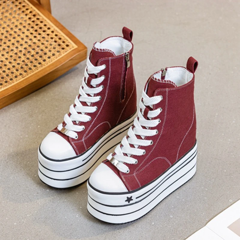 16CM High Heels Women New Autumn Winter Platform Leather Canvas Ankle Boots Thick Bottom Chunky Sneakers Motorcycle Boots Woman