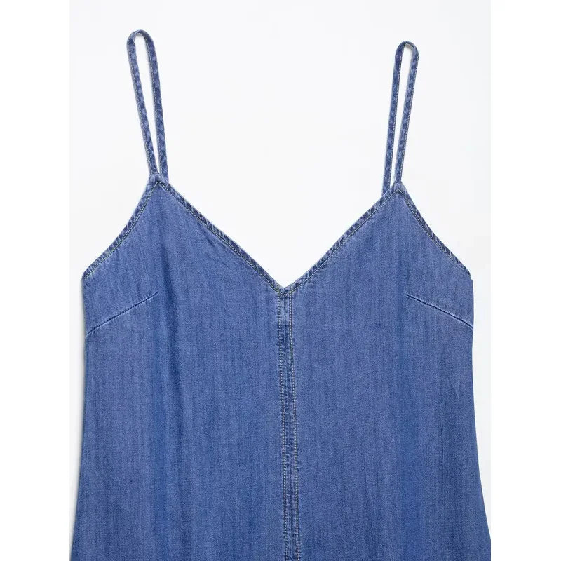 Elegant Casual Retro Ladies Sling Dress Pure Blue V-Neck Backless Long Design Spring Summer Fashion Beach Holiday Wear