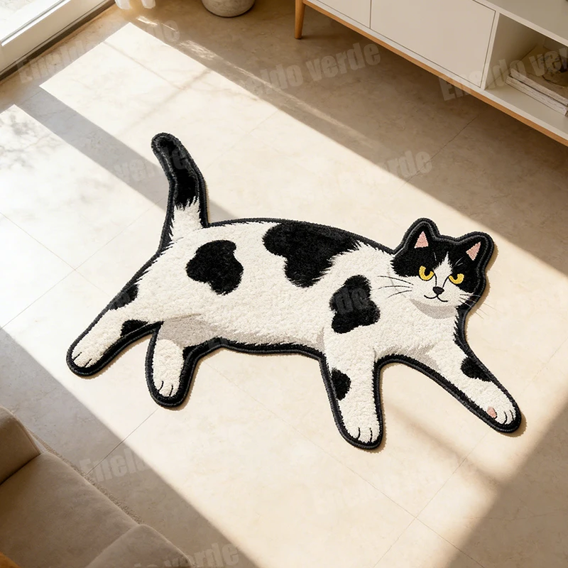 VIKAMA Simulation Black and White Cow Cat Shaped Plush Rug - Cute Japanese Style Non-Slip Mat for Bedroom, Foyer, Entrance
