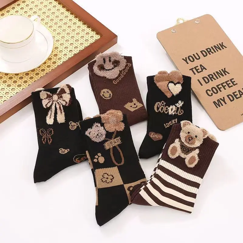 5 Pairs Winter Long Socks for Kids High Aesthetic Ins Fashion 3D Flocking Cute Bear Versatile New Popular Children Tube Socks
