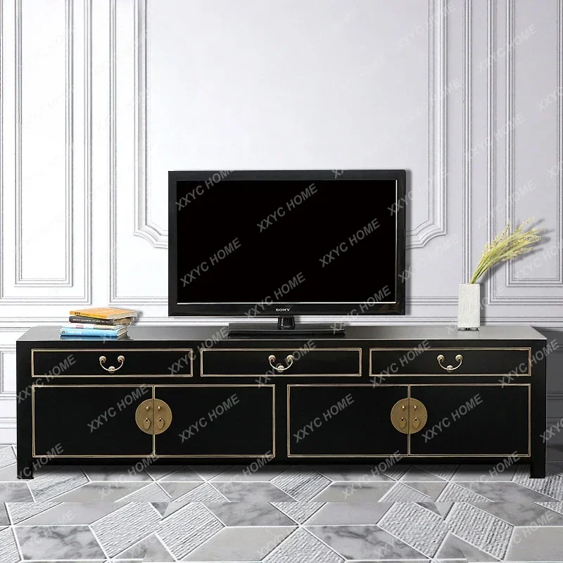 Solid wood TV cabinet retro style living room fully equipped elm storage low cabinet