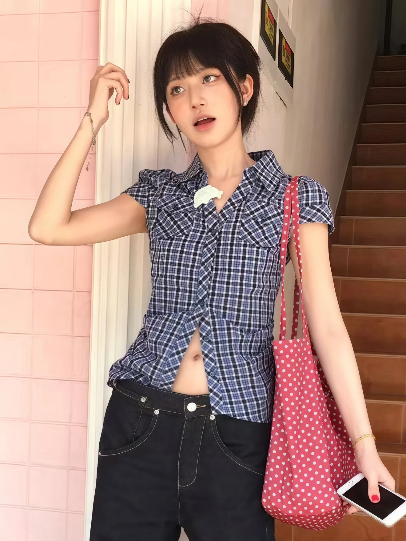 アメリカンレトロチェック柄ort Sve irt レディース Sle 夏新作ウエストシェイプスリムフィットort丈万能トップス