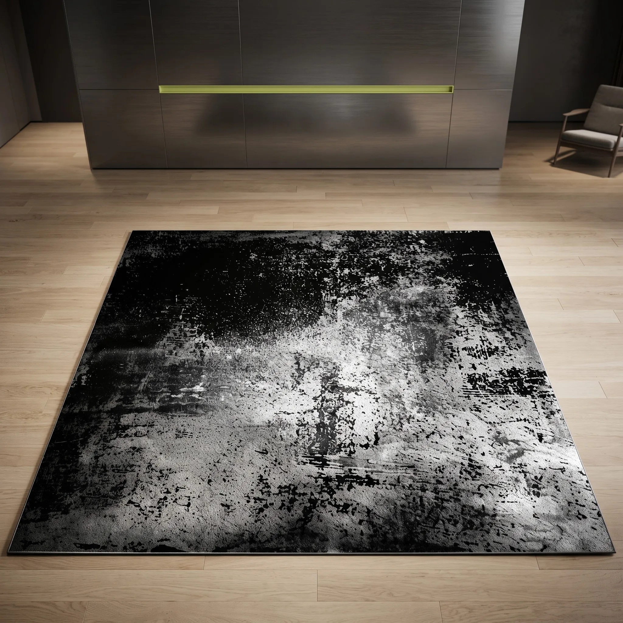 Black‑Grey Abstract Art Area Rug, Distressed Texture Print, Cozy Autumn Winter Mat for Industrial‑Style Living Room Home Decor