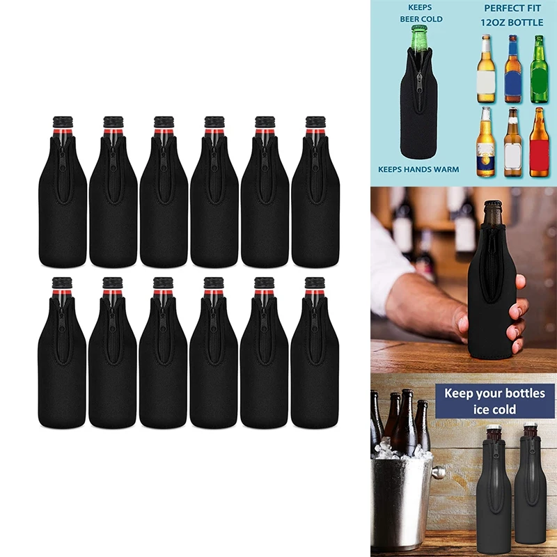 Beer Bottle Cooler Sleeves Keep Drink Cold Zip-Up Extra Thick Neoprene Insulated Sleeve Cover Black