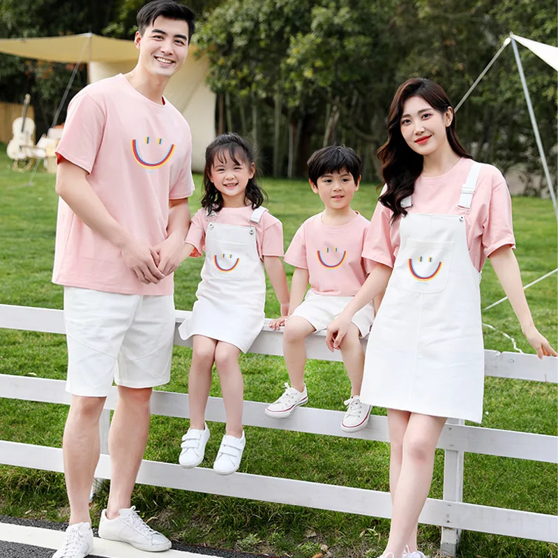 

Mother Daughter Family Set Mom Dad Son Family Look Matching Clothes Matching Outfits Strap Dress Sets Cotton Shirts Summer Tees