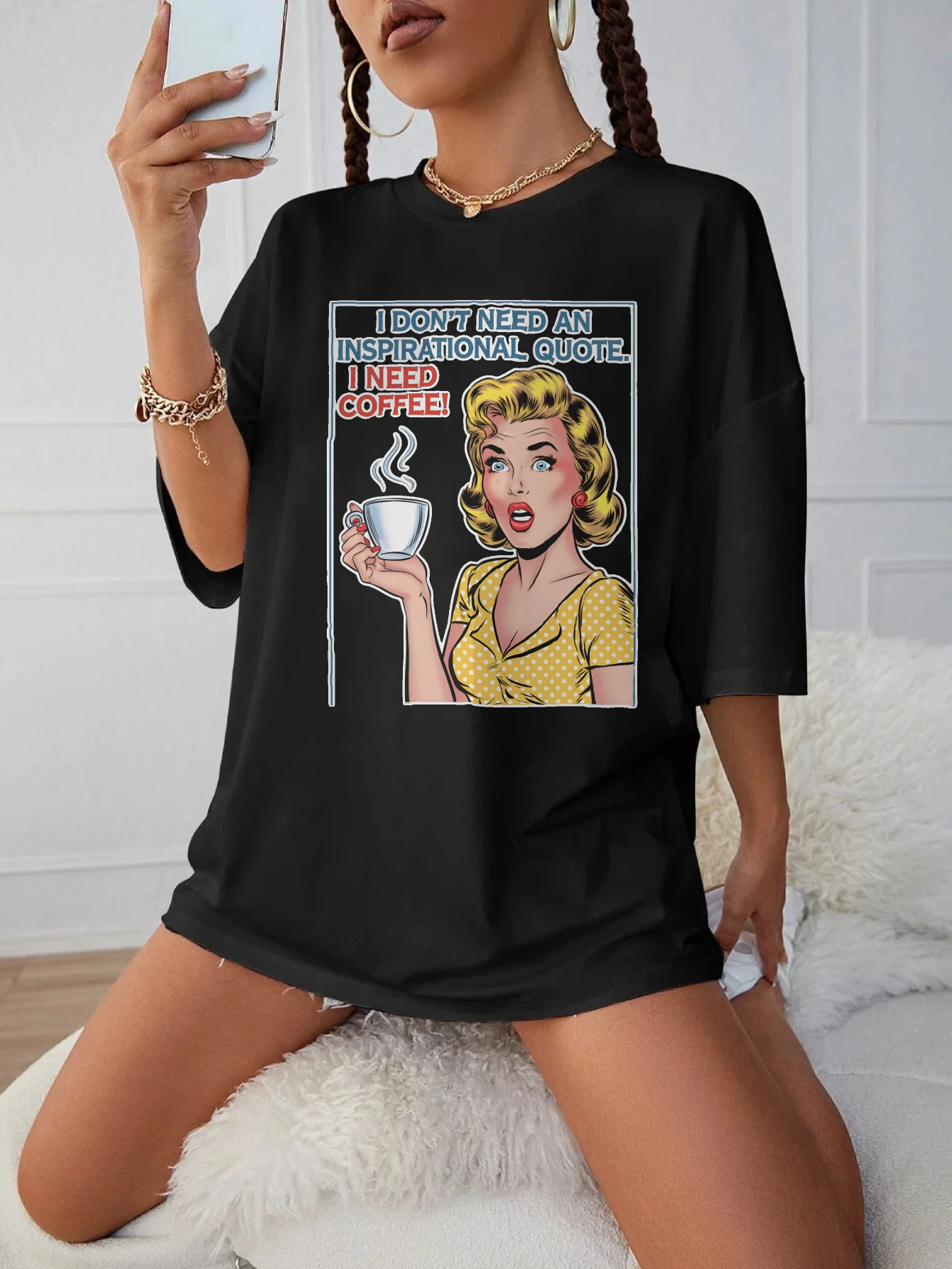 

I DON'T NEED AN INSPIRATIONAL QUOTE I NEED COFFEE Women’s Black Round Neck Comfortable Soft Plus Size Fall Clothing Halloween