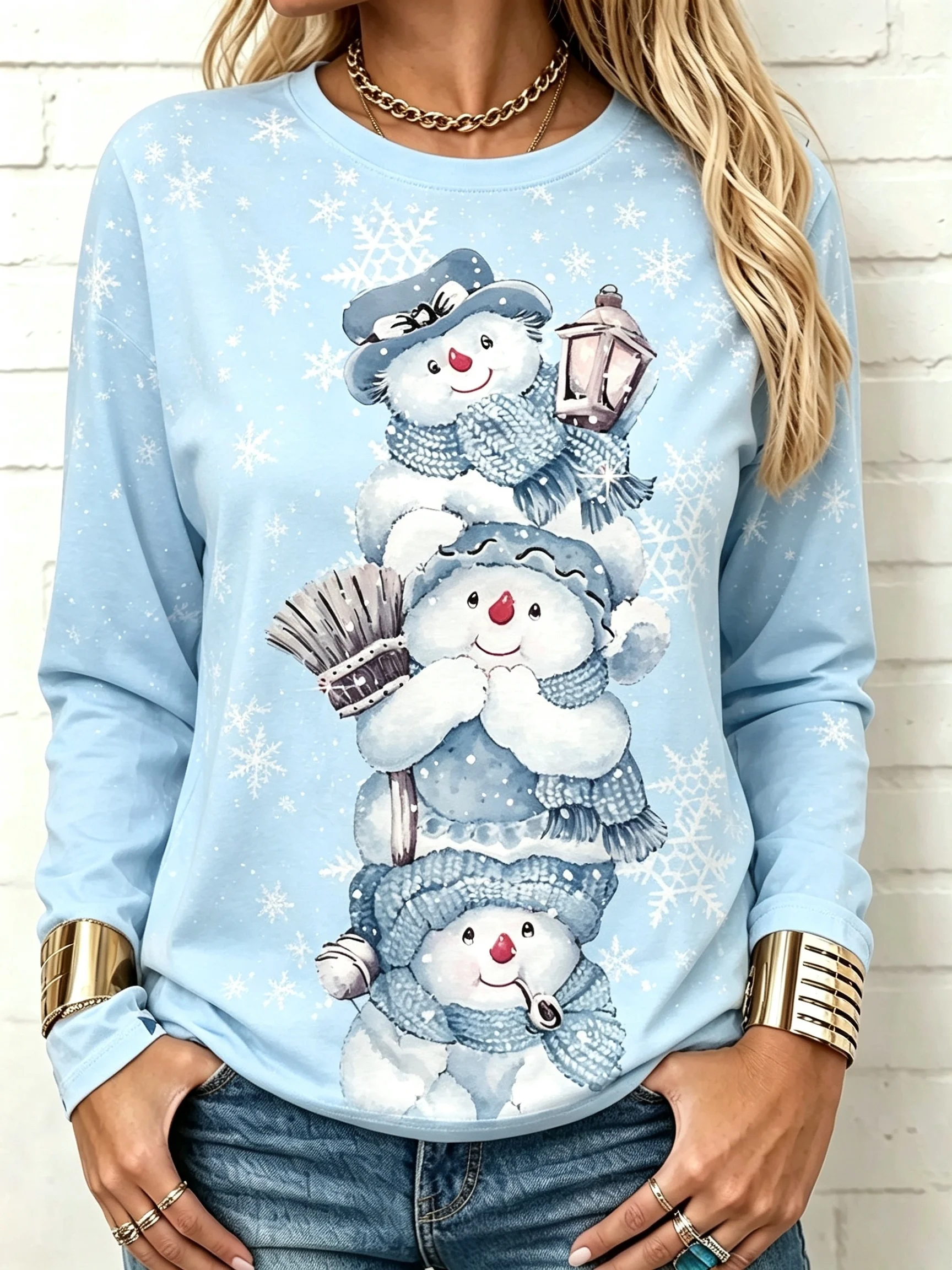 Women's Light Blue Long Sleeve T-Shirt With Three Stacked Snowmen In Hats & Scarves Holding Lantern & Broomstick With Snowflakes, Winter Holiday Top For Leisure & Sports