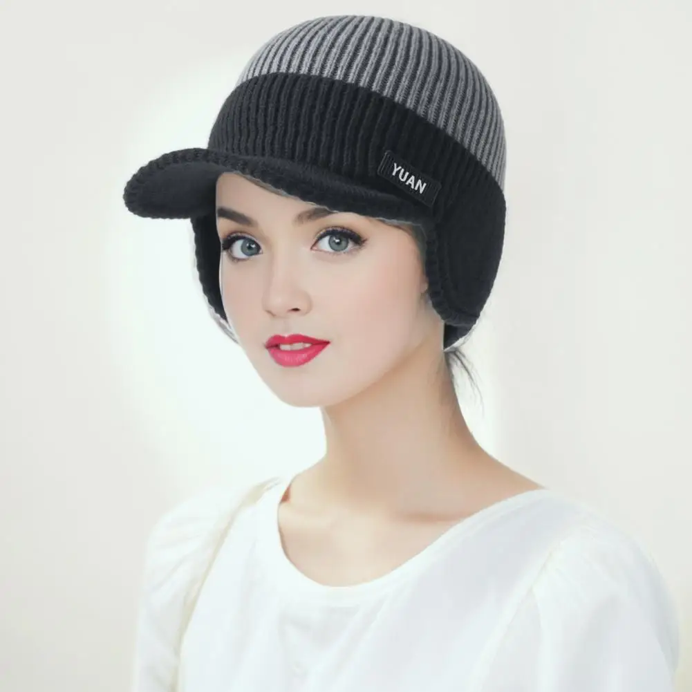Outdoor Warm Knit Cap 2 Pcs Men’s Winter Knit Earflap Hats with Stretch-fit Elastic Fleece Lined Brimmed Caps for Weather