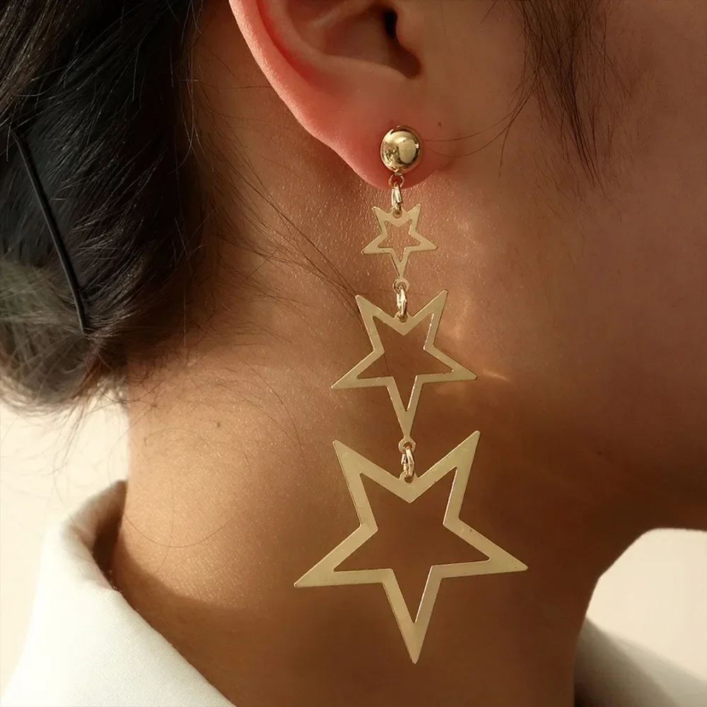 Star Metal Long Drop Earrings Classic Kpop Sweet Double Stars Temperament Girl's Wear Pendants Earrings for Women Jewelry