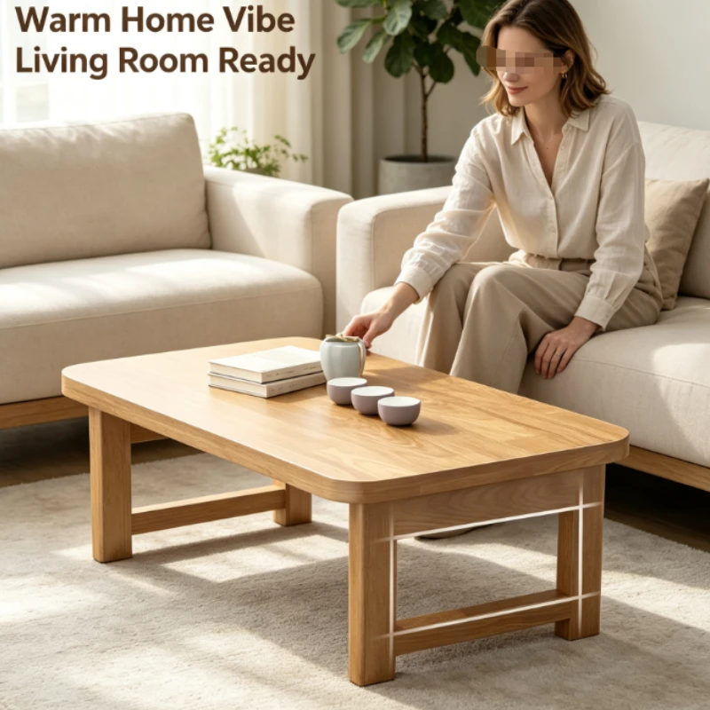 Rectangular Solid Wood Low Table With Natural Grain And Rounded Corners For Style Living Room Tea Drinking Foldable Portable