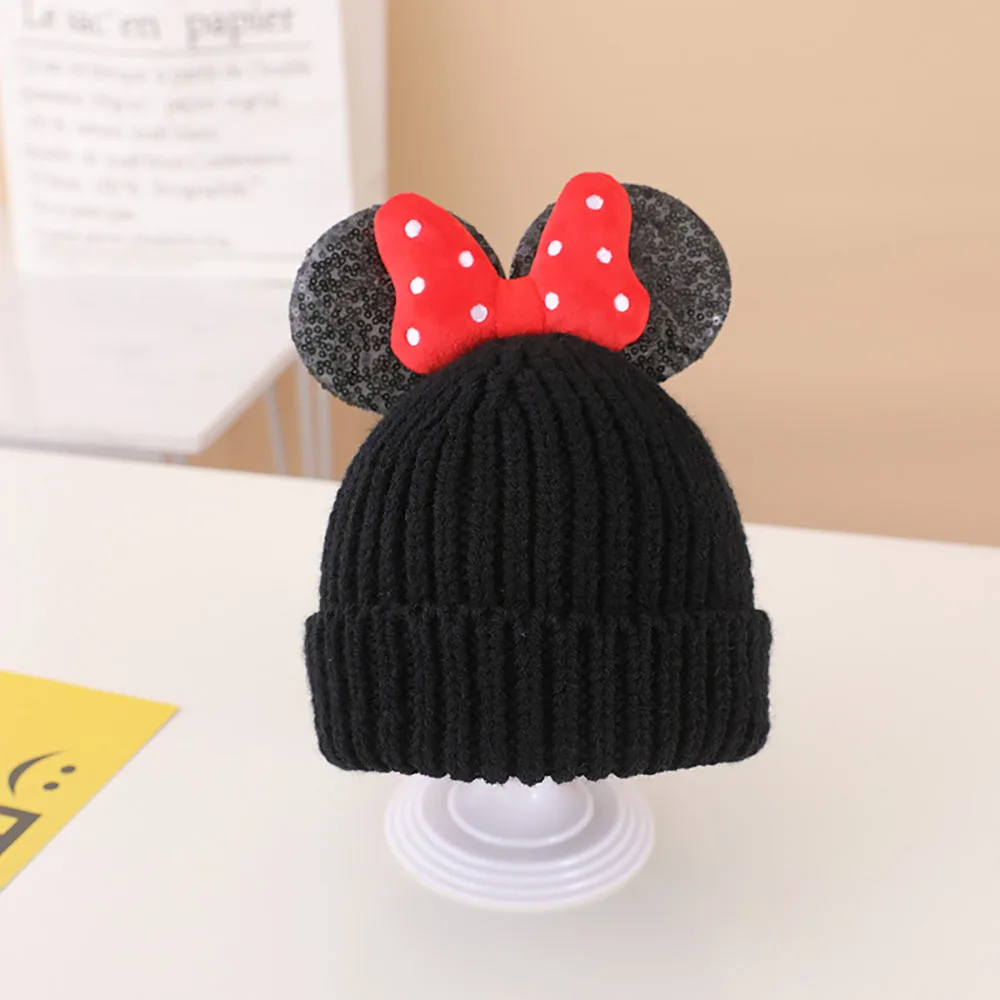 Disney Baby Hats Solid Color Minnie Beanies Girls Winter Warm Hats Cute Bowknot Knitted Caps Kids Beanies Bag Set Children Gifts