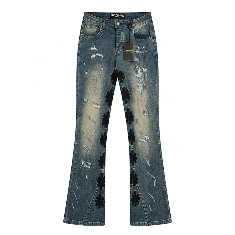 LOSTSHDWS 2025 New INS High Street Casual Men's Fashion Slightly Flared Denim Pants with Distressed Holes