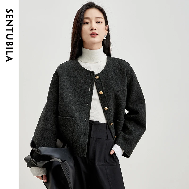 SENTUBILA Women Winter 100% Sheep Wool Short Coat Comfortable Warm Outerwear 2024 Female Double-sided Woolen Jackets W34O49735