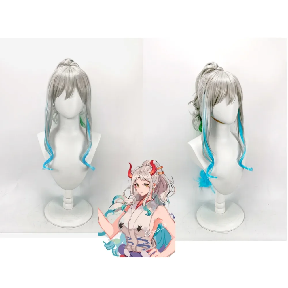 

Цельный парик для косплея Yamato, белый и синий хвост с эффектом омбре, градиентные волосы