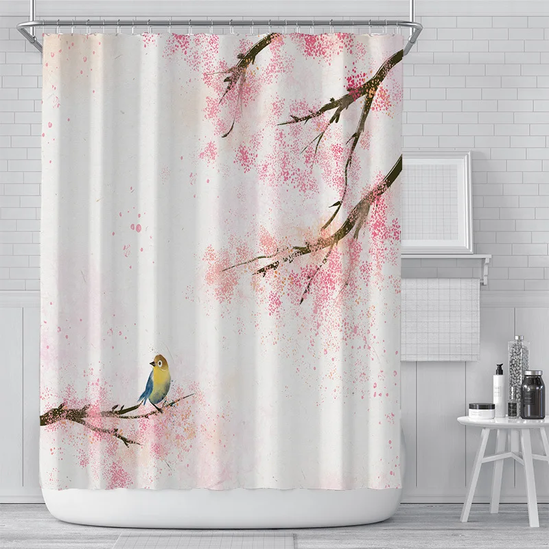 Pink Floral Shower Curtain Liner Asian Japanese Style Flower Cherry Blossoms Shower Curtain Waterproof 3D Print Bath Curtain