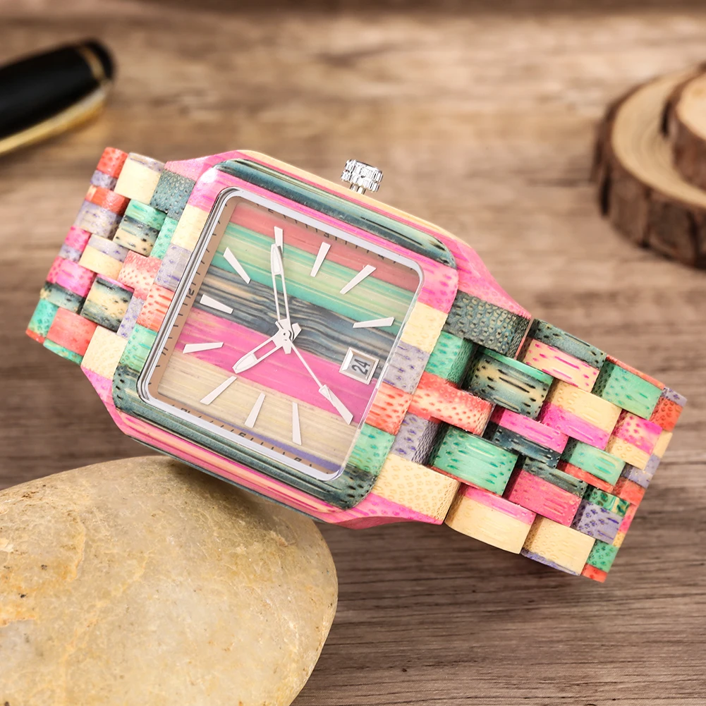 Colorful Square Full Wood Watch Quartz Men Women Watches Minimalist Dial With Calendar Watch Retro Wooden Gifts for Dad Grandpa