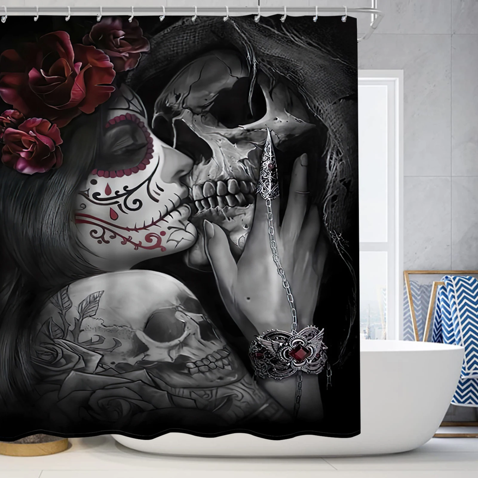 Halloween Skull Couple Printed Shower Curtain Set, Soft Fabric, Non-Slip Bathroom Mat, Modern Waterproof Trim, 12 Plastic Hooks