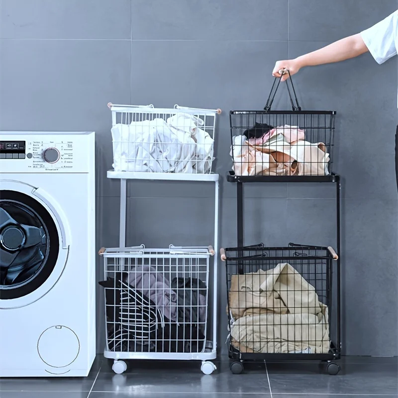

Two-Tier Laundry Cart with Wheels - Sleek Metal Frame, Two-tier Storage Baskets for Efficient Laundry Organization