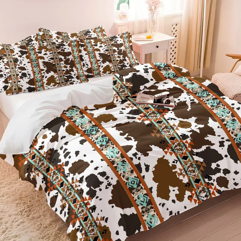 Cow Print Southwest Aztec Duvet Cover Set(1 Duvet Cover & 1/2 Pillowcase) Stylish Bedding Set Soft Microfiber Bedroom Home Decor