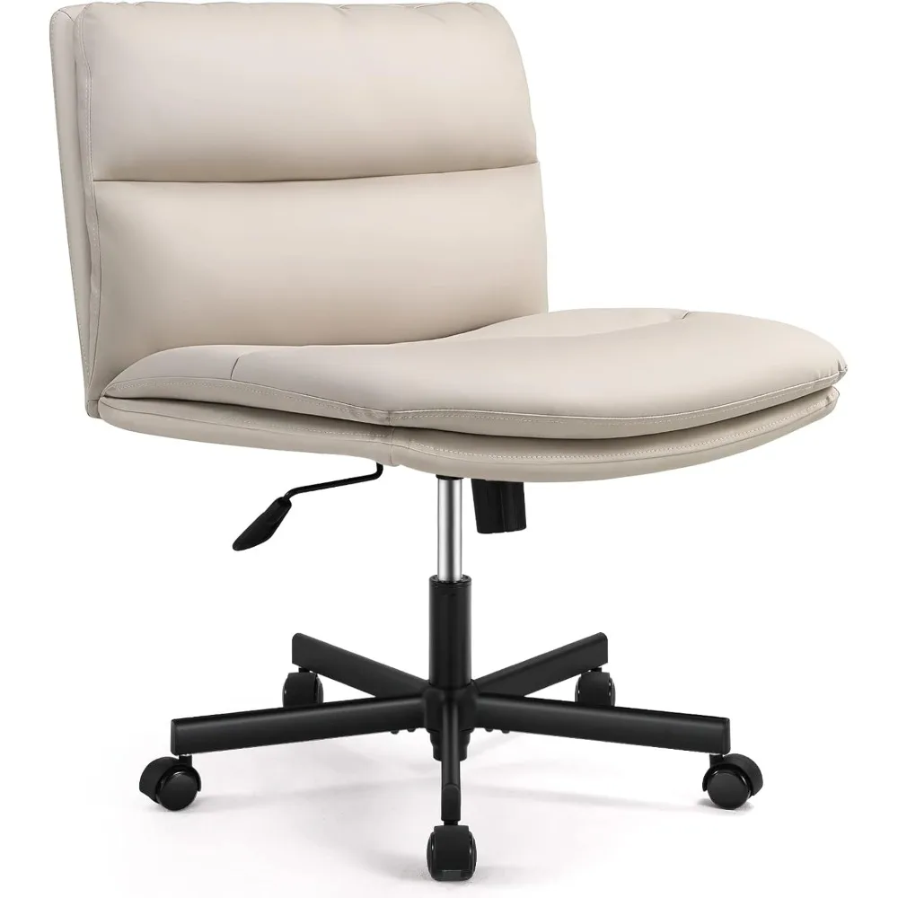 

PU Upholstered Dressing Chair, Mid-back Ergonomic Home Office Computer Chair, Comfortable Adjustable Swivel Work Chair