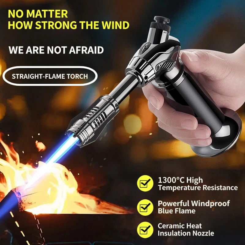 

Refillable Windproof Butane Torch Lighter, High Temp 1300°C Blue Flame Blow Torch Long Handle Adjustable Flame Igniter for BBQ
