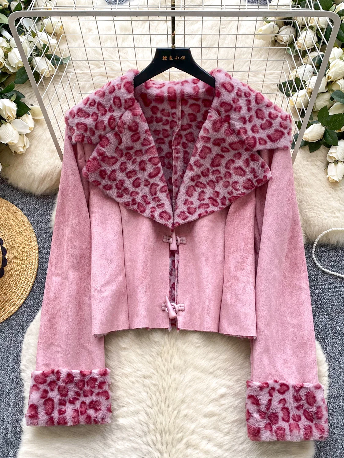 

Women's Pink Leopard Patchwork Winter Jacket Coat Harajuku Long Sleeve Cropped Suede Jacket 2000s Vintage Outerwear Clothes 2025