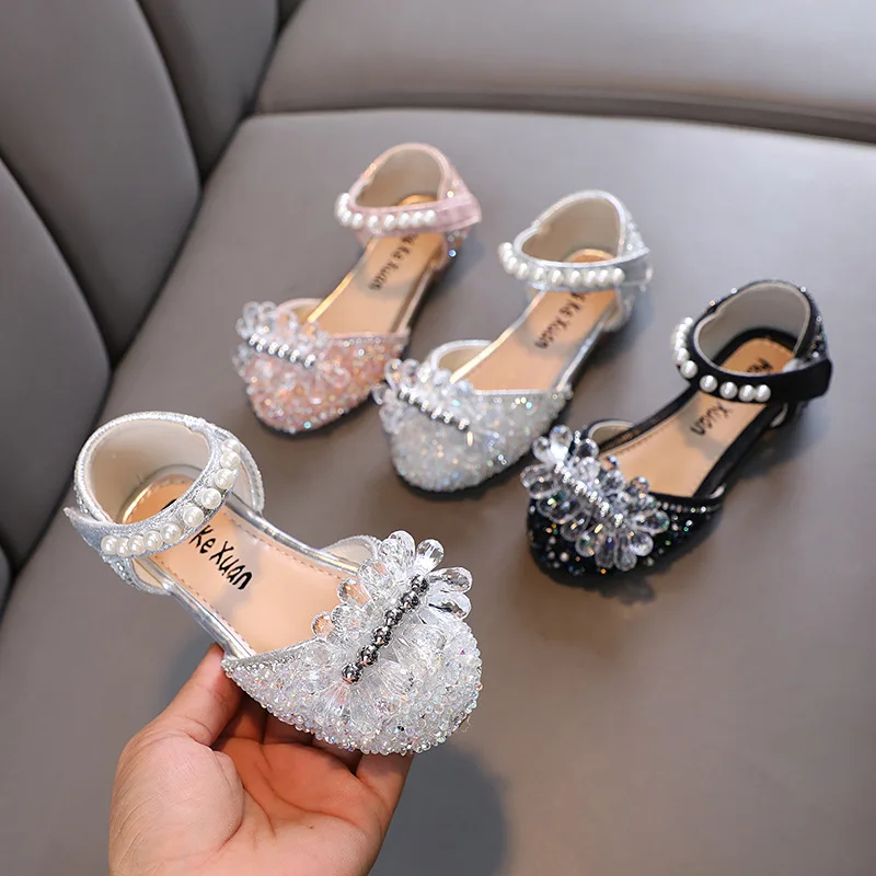 Sandalias de diamantes de imitación para niña, zapatos de vestir de escenario de princesa con lentejuelas, antideslizantes, tacones planos,