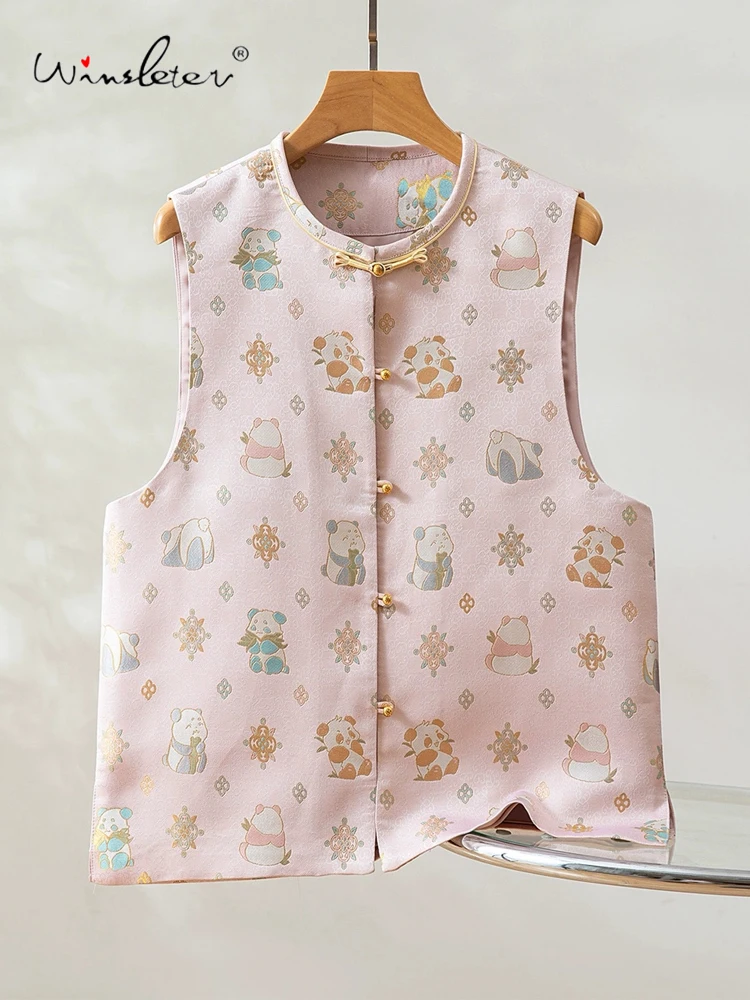 

Winsleter-100%Real Silk Song Brocade Elegant Vest Coat, O Neck Cute Panda, Women Commute Waistcoat, 2025 Autumn New C5N135CC