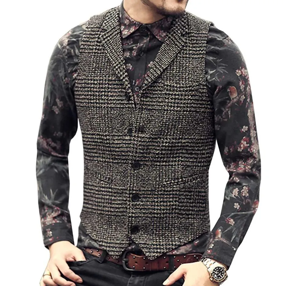 Mens Vintage Plaid Wool Tweed Suit Vest Casual Notch Lapel Waistcoat for Wedding Groomsmen