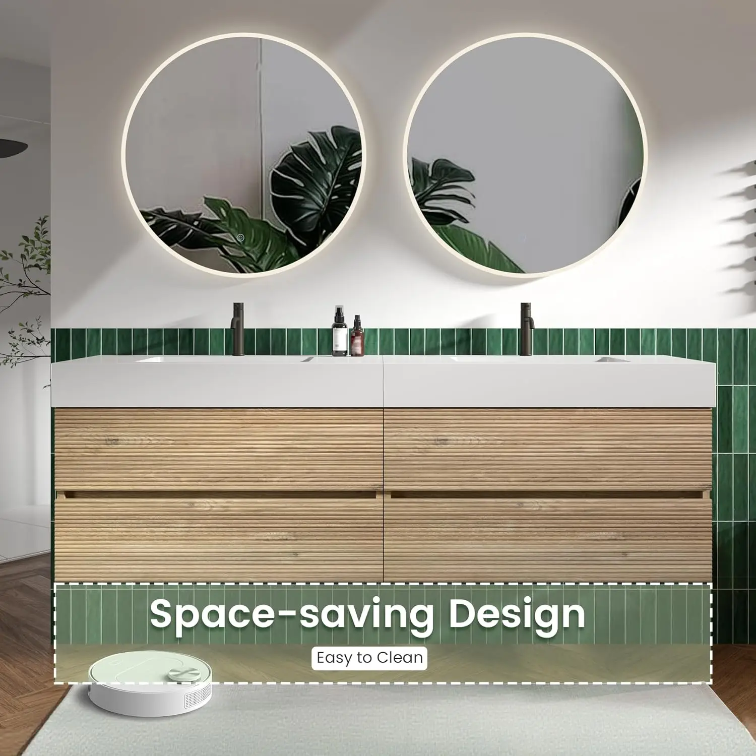 &c Modern Hotel Bathroom Vanity Cabinet with Illuminated Mirror Wall-Mounted Design Wood Countertop Double Sinks Ceramic Basin
