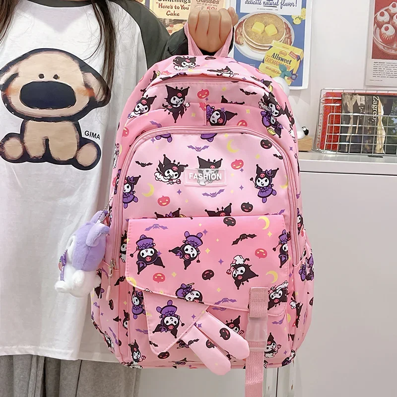 Sanrio Kulomi mochila escolar de tela con estampado coreano para estudiantes, mochila de gran capacidad con dibujos animados