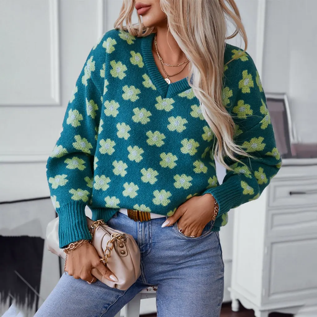 

Women's Drizzle Flower Jacquard V-neck Pullover Sweater Casual Autumn Winter Top European American Style Fashion