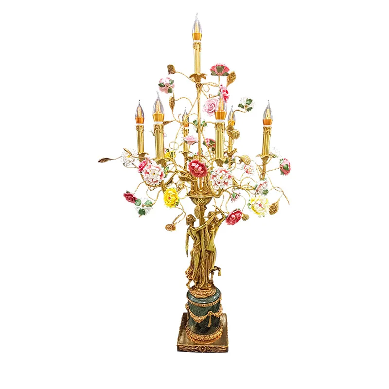 Rural all copper desk lamp, ceramic petal European style living room, bedroom, children's princess room, foyer lighting fixture