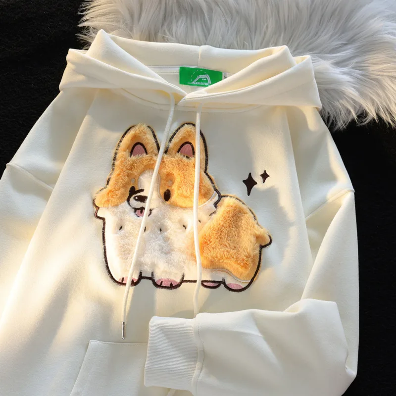 Flocking Cute Cartoon Dog Hoody Women Kawaii Clothes Couple Matching Hoodies Casual Hooded Sweatshirt Y2k Streetwear