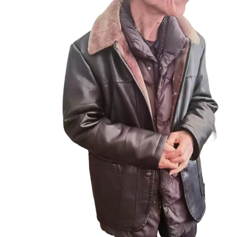 

Lapel Leather Jacket for Dad Mid-length Fleece and Thickened Casual Wear Available for Wholesale Business Pu Large Lapel Outcoat