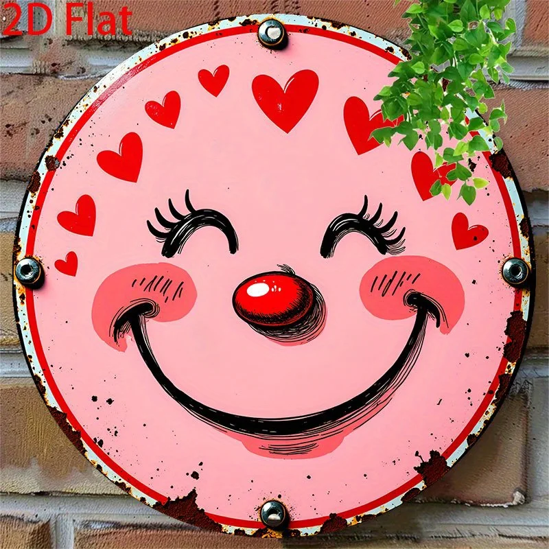 2D Flat, 2D Flat - 1pc Vintage Round Aluminum Tin Sign -  Happy Face & Red Nose Design, 20.32x20.32cm Rustic Style Metal Wall Ar