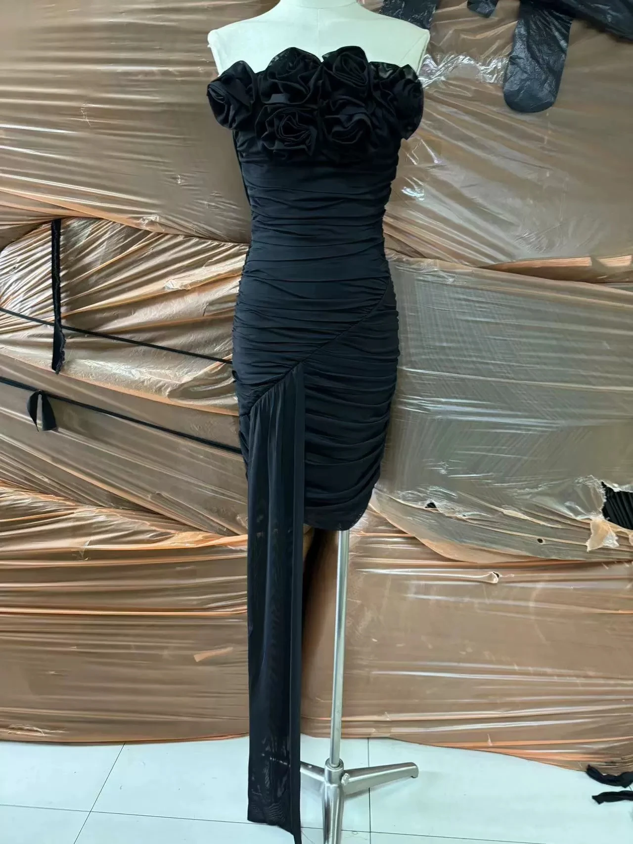 

2025 new European and American sexy mesh pleated tube top one shoulder flower fashion women's bandage dress dress-GZXX1074